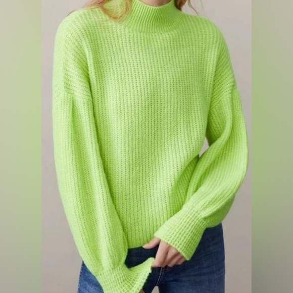 Maeve Betty Puff-Sleeved Neon Lime Green Chunky Mock Neck Sweater Size Medium - Picture 1 of 16